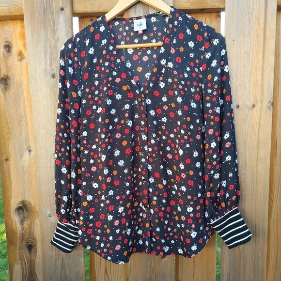 Lovely CABI Floral Blouse Women's XL Deep V neck Striped Cuffs - Picture 2 of 8
